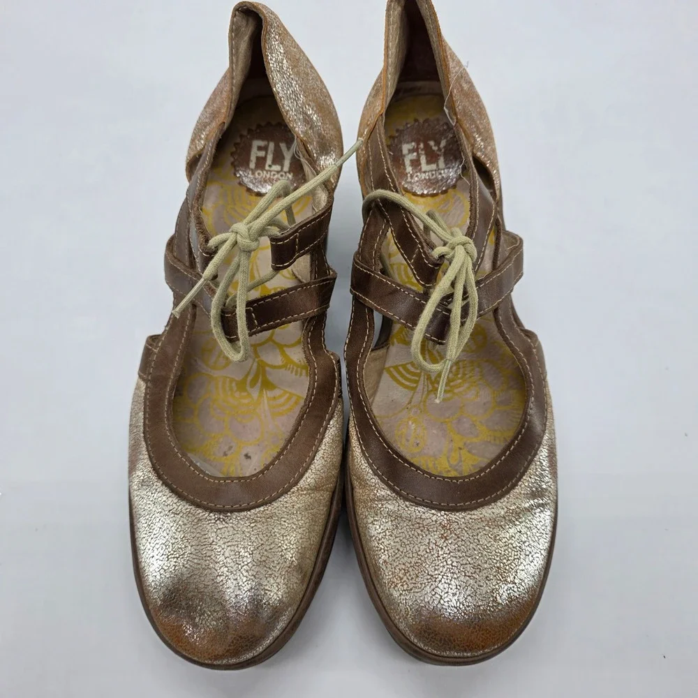 Fly London Yett Wedge Mary Janen Heels Bronze Metallic Leather Shoes sz 40 9-9.5